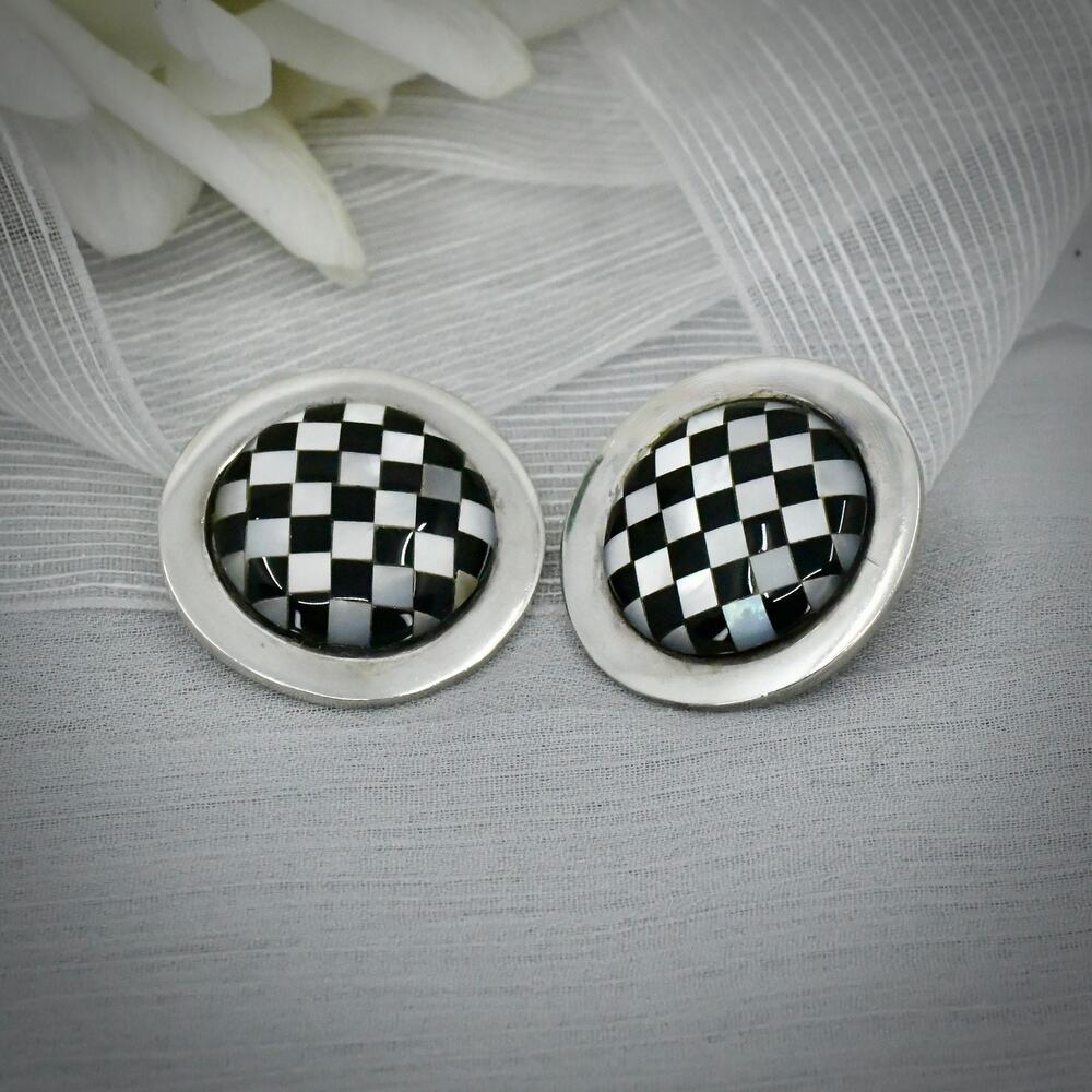 Vintage Taxco TR-45 Mings Sterling Silver Onyx MOP Checkerboard Clip Earrings